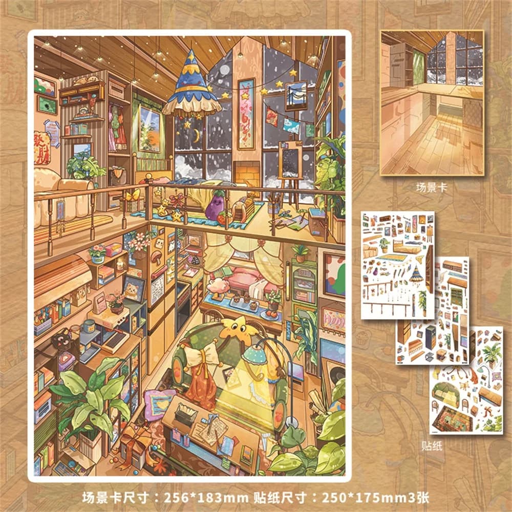 Autocollant paysager 3D Kawaii Cottage enneigé avec petite cour, scène de cabane de poche DIY, cadea