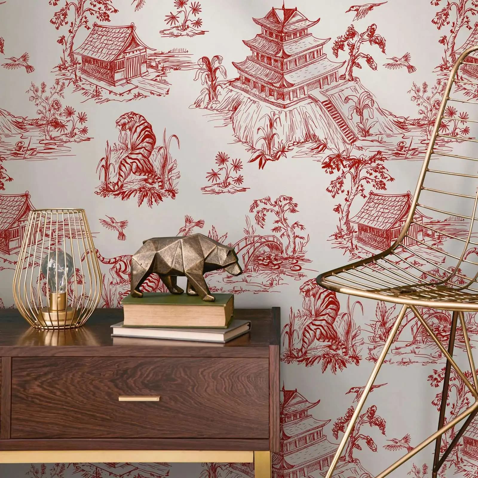 Papier peint chinois rouge, papier peint traditionnel, options de papier peint peler et coller, papi