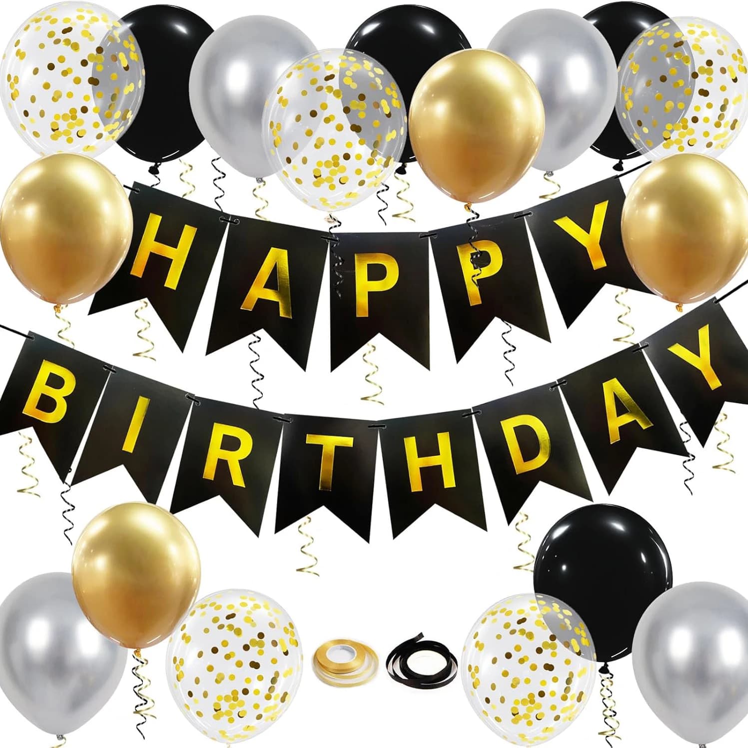 ‌ Décoration de fête d'anniversaire en or noir – 16 ballons et rubans, bannière joyeuse pour hommes,
