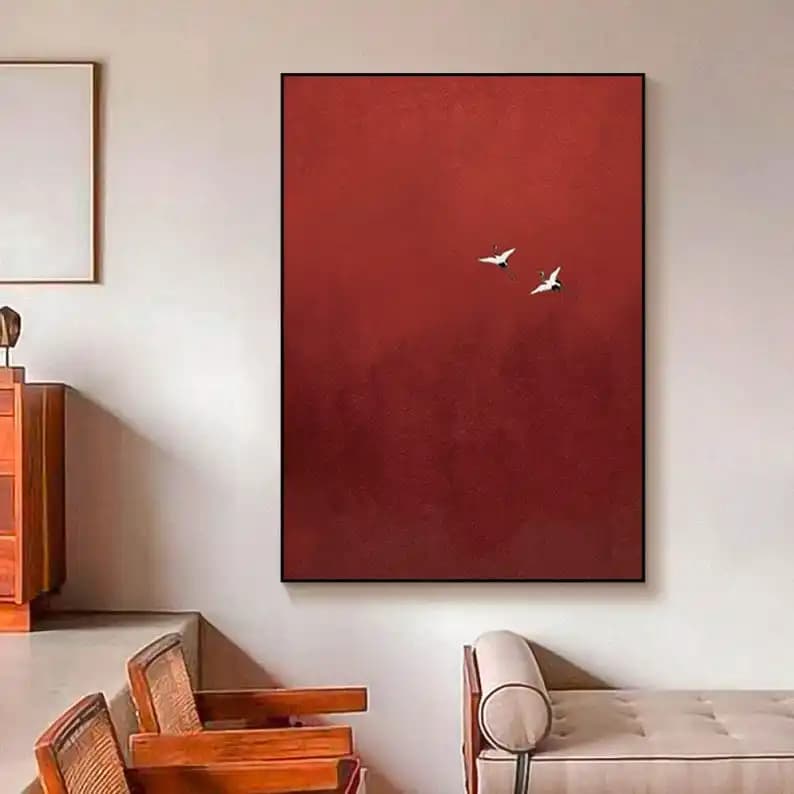 Décoration murale rouge pur, peinture d'art abstrait minimaliste, ciel surréaliste carmesim