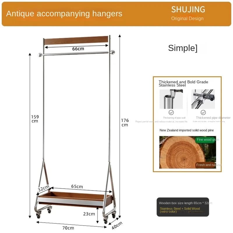 MOMO – cintre sur pied médiéval français, porte-manteau d'angle mobile en bois massif et acier inoxy