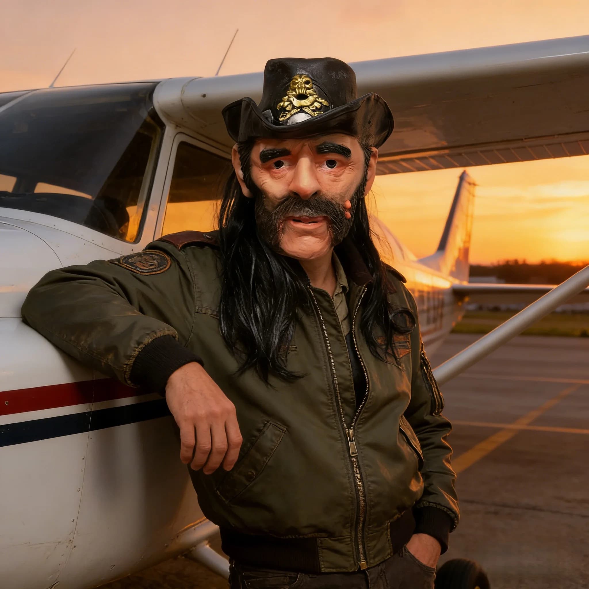 Masque en latex réaliste de Lemmy Kilmister avec chapeau et cheveux longs - Accessoire de fête costu