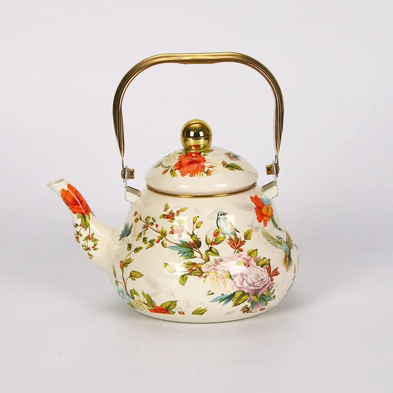 Bouilloire en émail Vintage de 1,5 l, théière classique en émail avec poignée dorée pour cuisinière,