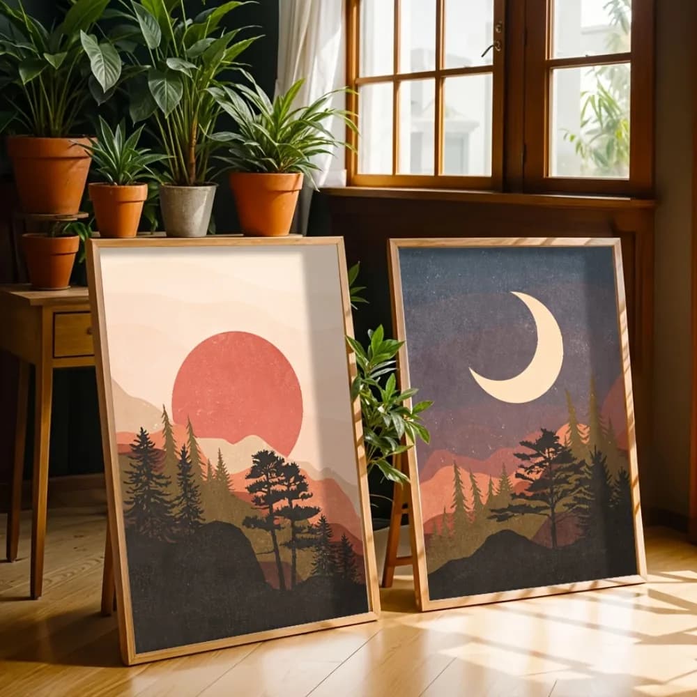 2 pièces sans cadre soleil et lune montagne paysage mur Art, Style bohème, toile affiche salon, cham