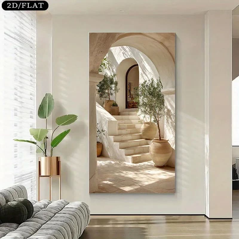 Grands marches d'olivier méditerranéen, 1 pièce, toile imprimée, moderne, Beige, blanc, paysage d'îl