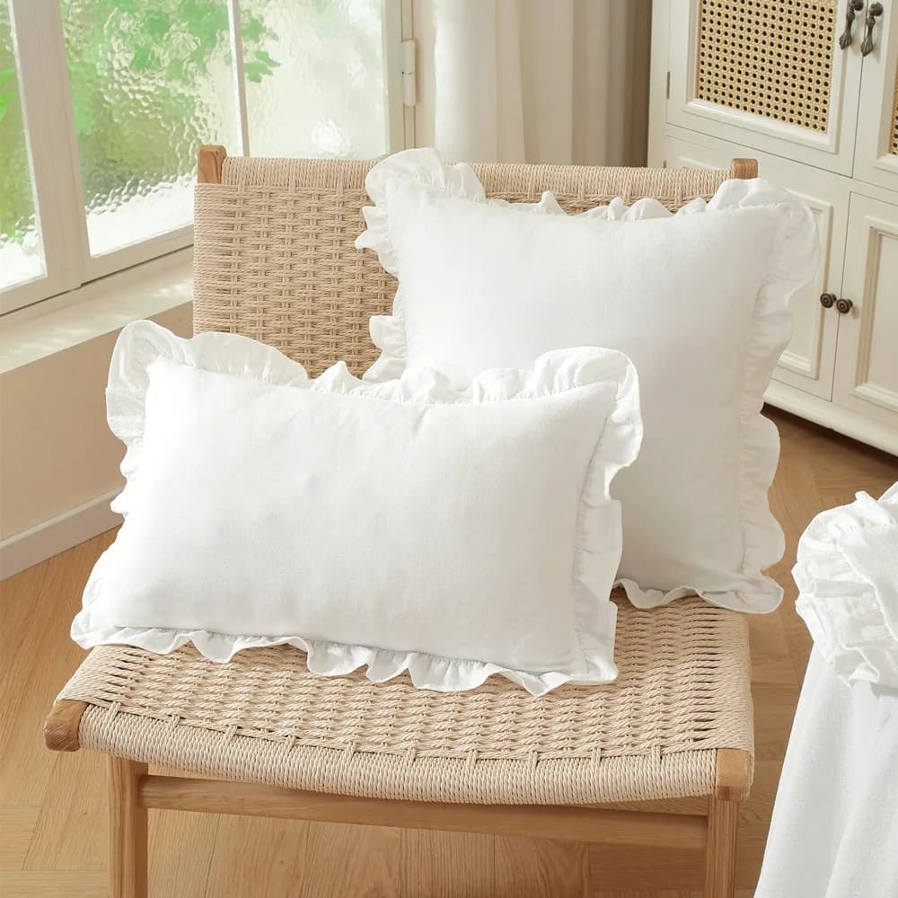 Housses de coussin à volants style français en polyester-coton, imprimé écossais, bordure jupe feuil