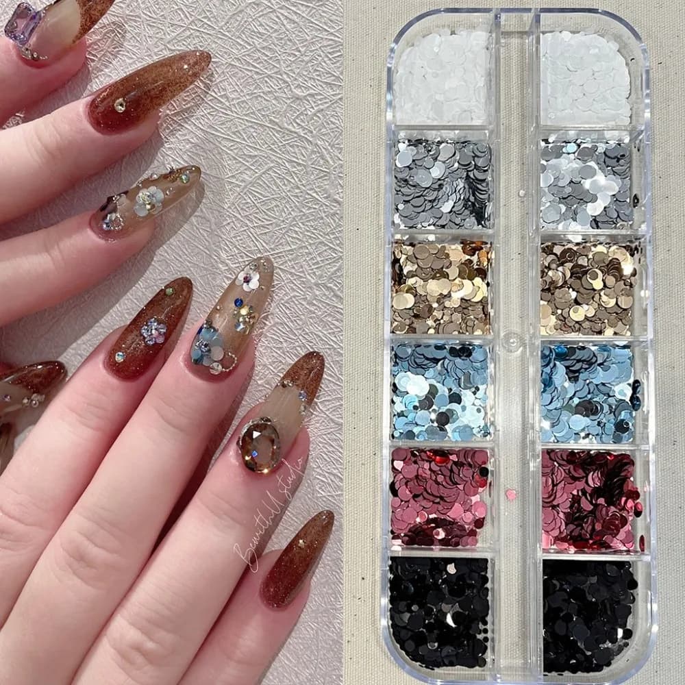 Décorations d'art d'ongles créatives à 12 compartiments, à pois et paillettes, accessoires d'ongles 