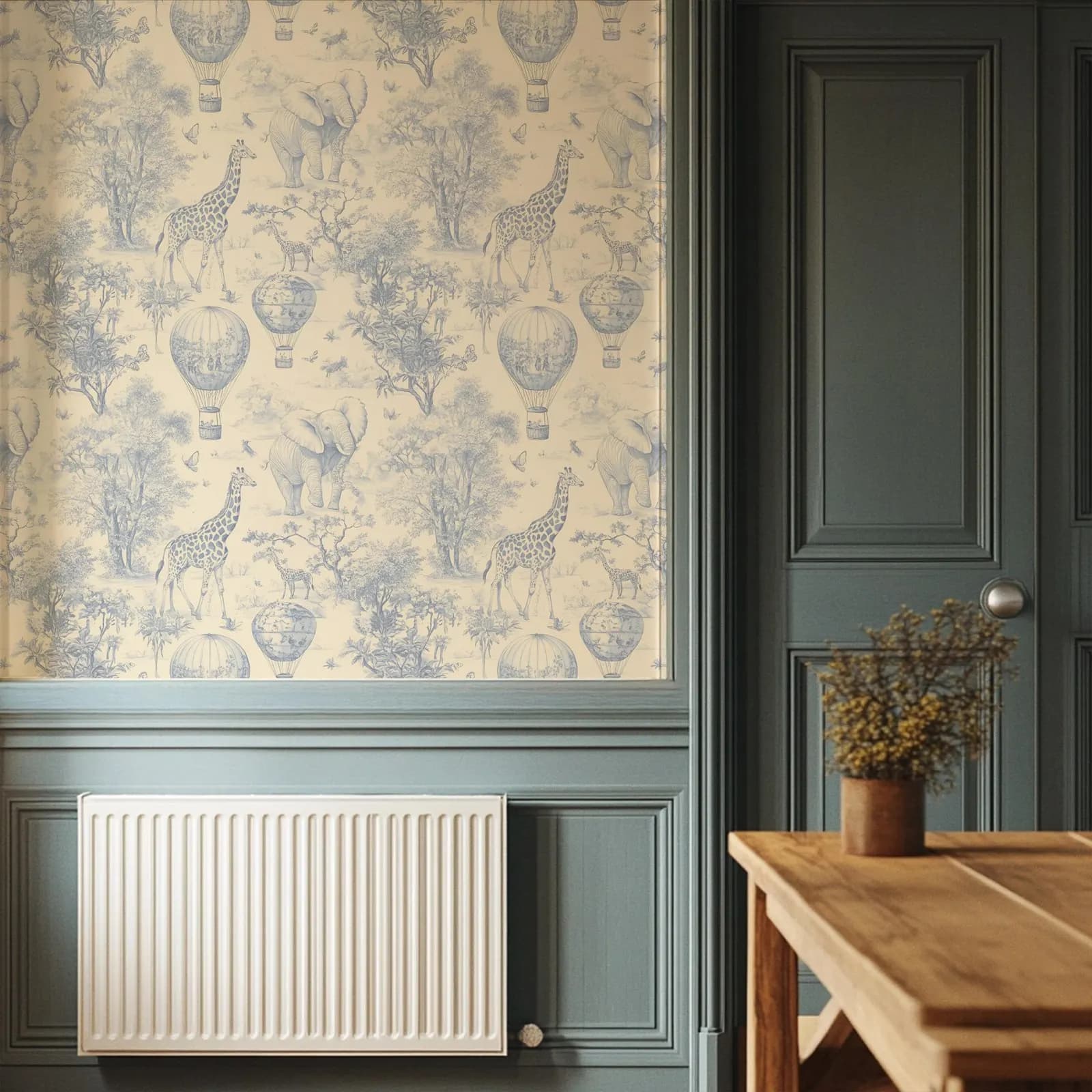 Papier peint toile bleue, papier peint bleu et blanc avec animaux de la forêt pour chambre de bébé e