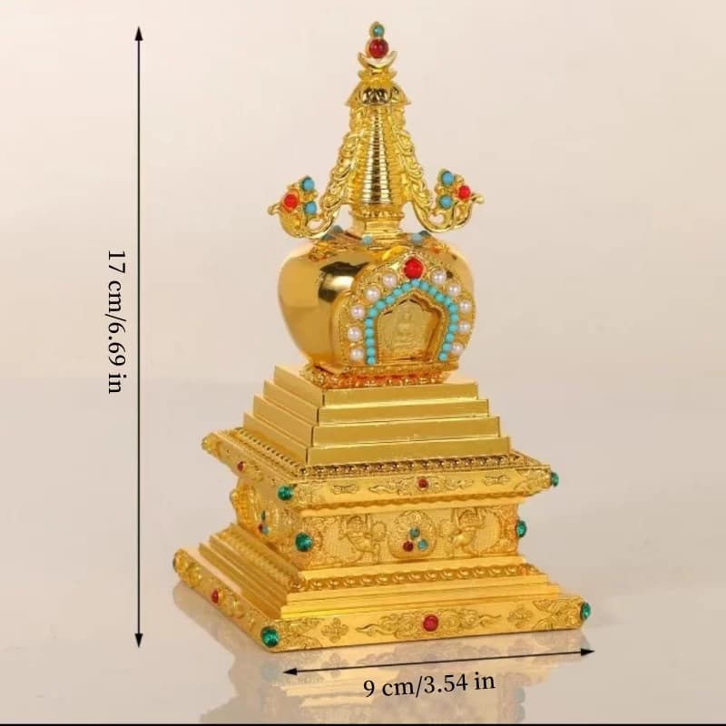 Pagode de statue de bouddha, tour Double couche en alliage tibétain incrusté de pierres précieuses, 