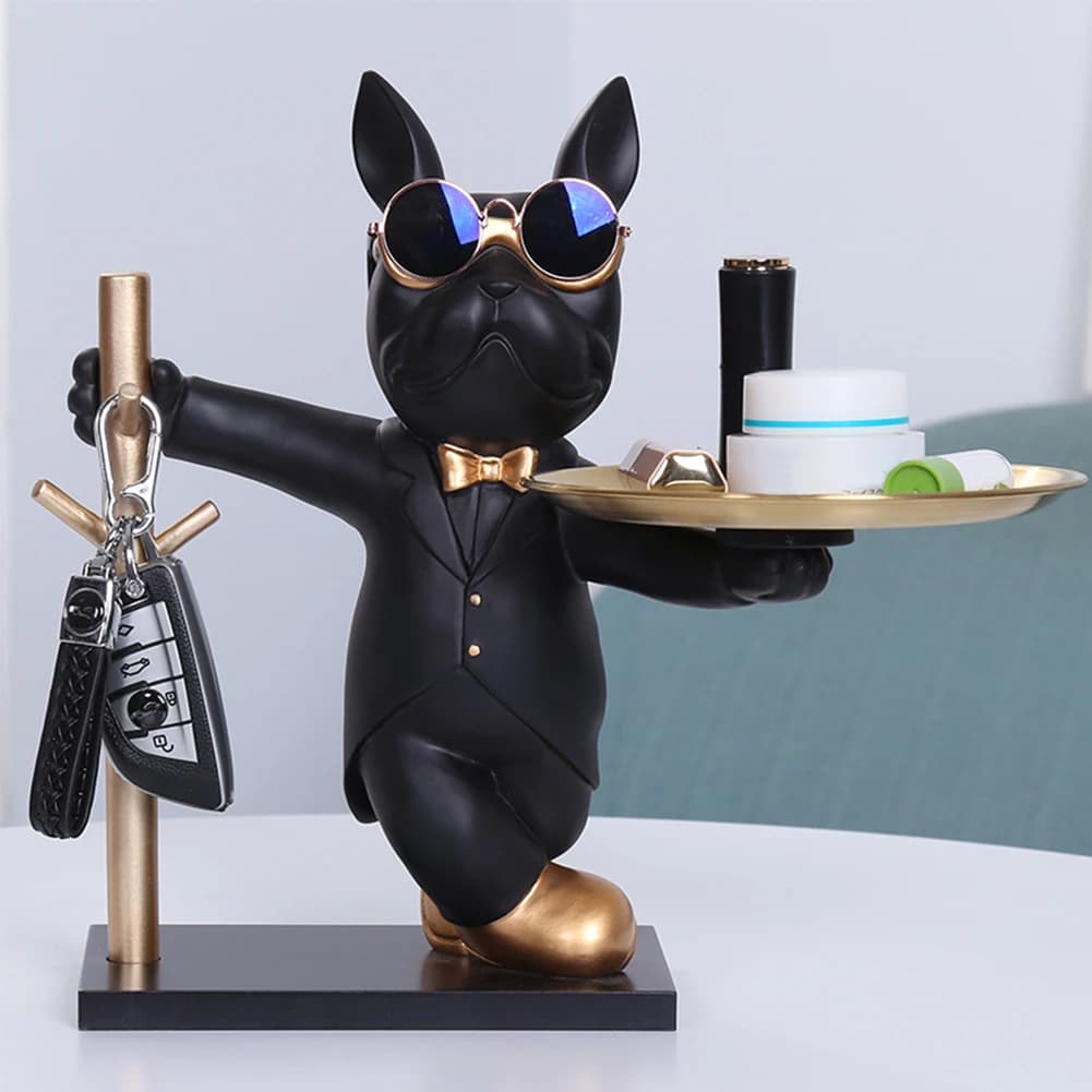 Sculpture de bouledogue français, Statue de chien, Figurine décorative, plateau de rangement en méta