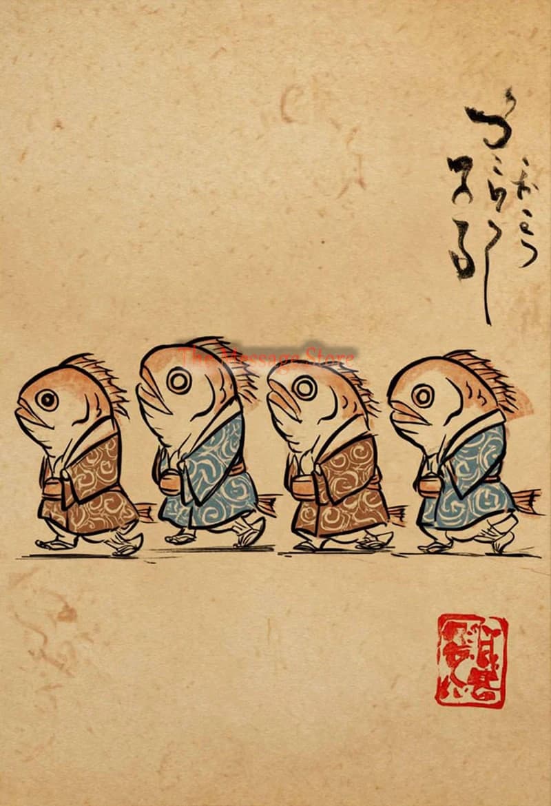 Toile d'art mural japonais Yokai, mythologie folclore, nourriture poisson, affiche d'esprit traditio