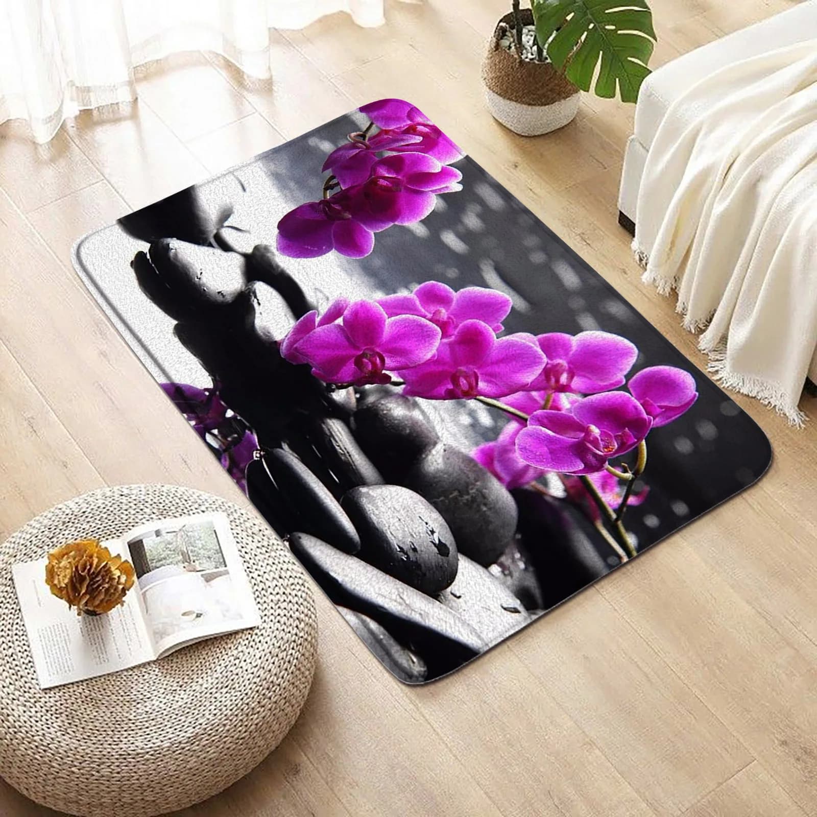 Tapis de bain Zen en pierre noire, orchidées d'eau, feuilles de fleurs, décoration de salle de bain,