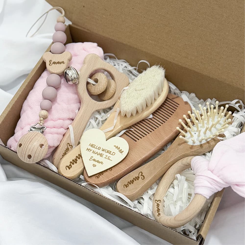 8 pièces de brosses personnalisées avec nom et boîte cadeau, cadeau en bois naturel, cadeau d'annive