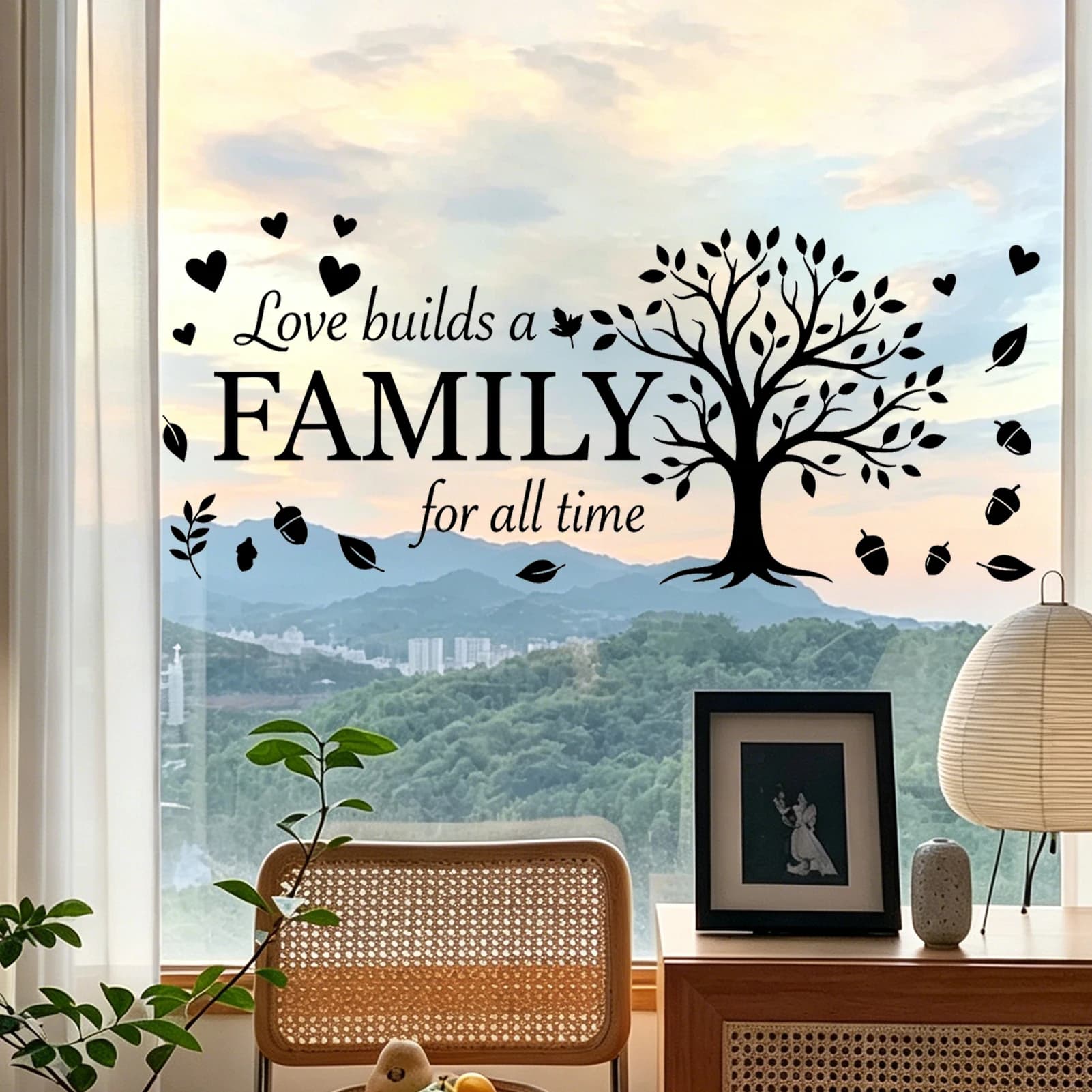 Autocollant mural inspirant « L'amour construit une famille », décalcomanie murale arbre généalogiqu