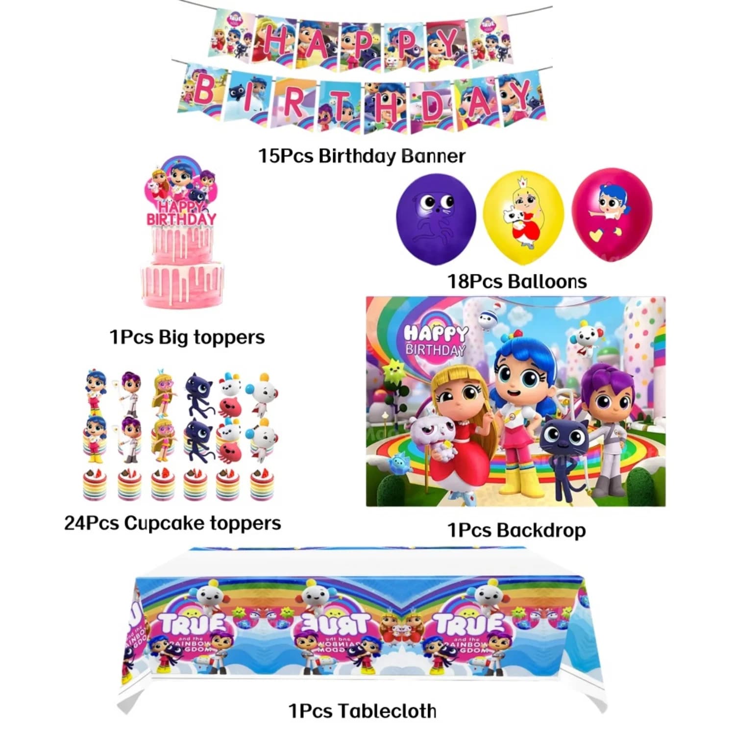 Kit de décoration d'anniversaire Royaumes Arc-en-ciel avec nappe, bannière, décorations de gâteau, t