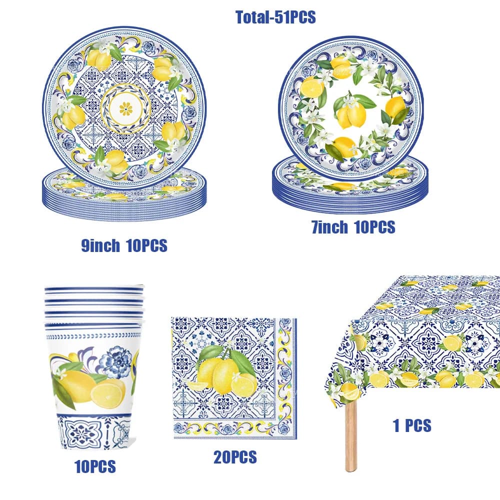 51Pcs Décoration Dolce Vita Anniversaire Vaisselle Jetable Citron Céramique Assiettes Cartons Jetabl
