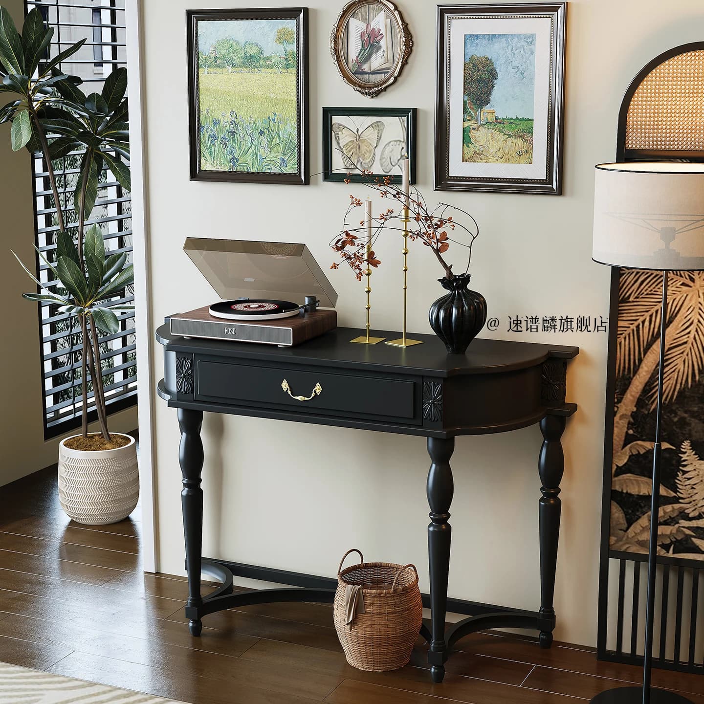 Table Console Vintage du milieu du siècle avec tiroirs, Table Console de styliste esthétique françai