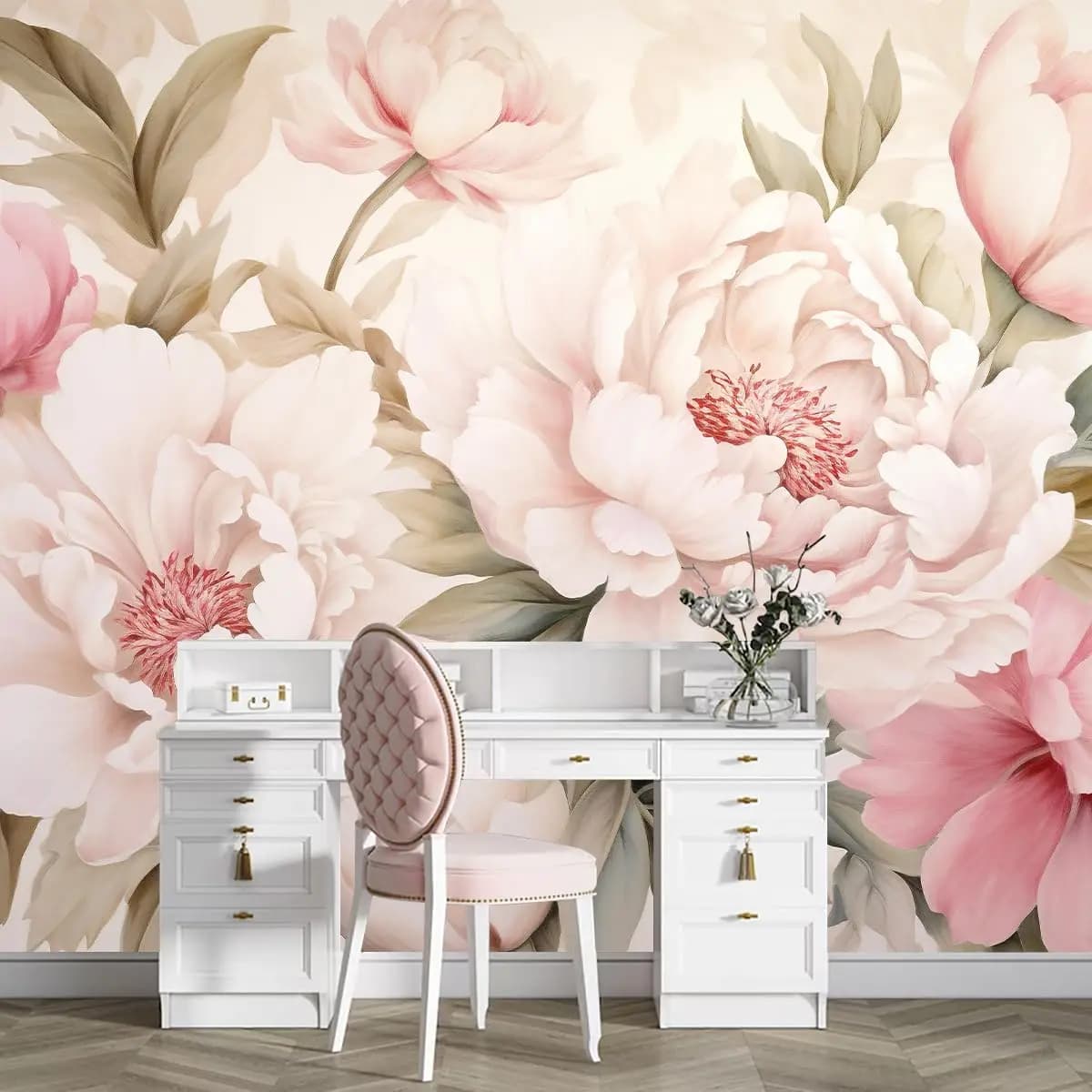 Papier peint mural élégant à motif de pivoines, ensemble de table de maquillage pour la décoration r