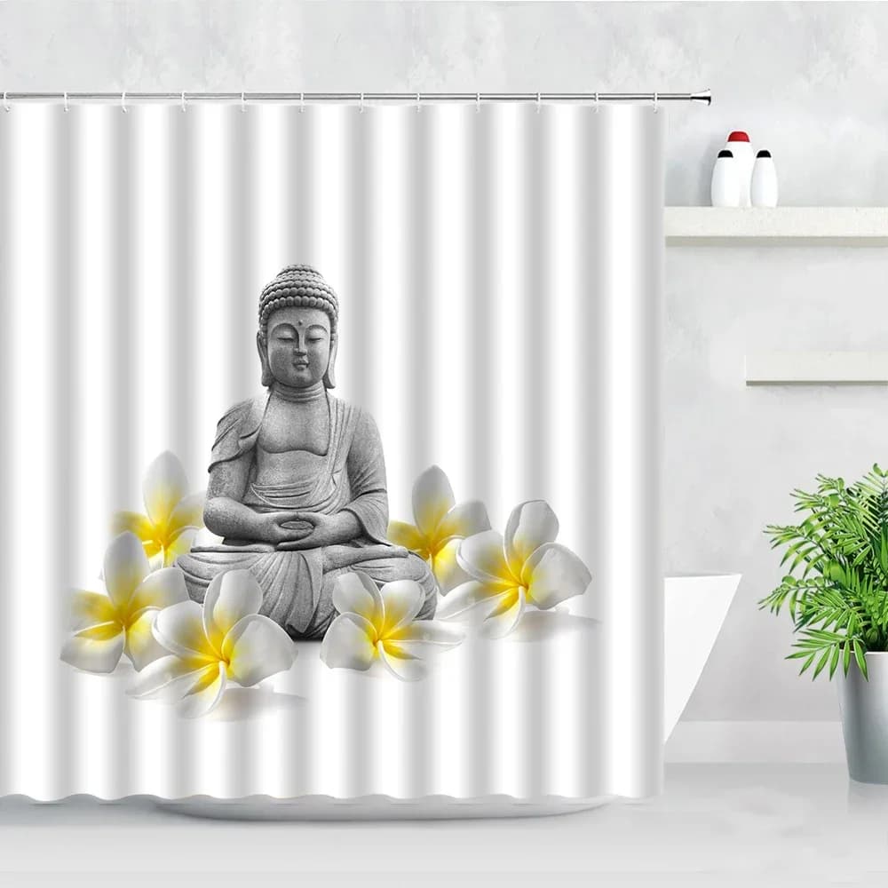 Rideaux de Douche en Bambou Vert Vermont, Bouddha Annie, Pierre, Bougie, Asiatique, Japonais, Spa, J