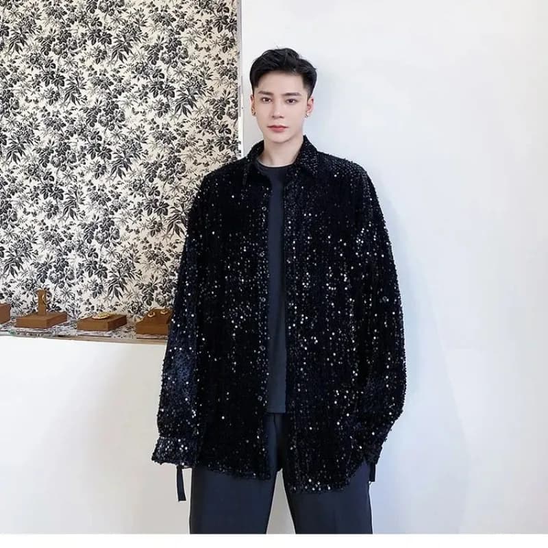 Chemise à paillettes pour homme à manches longues avec détail en ruban - Coupe ample et oversize, ha