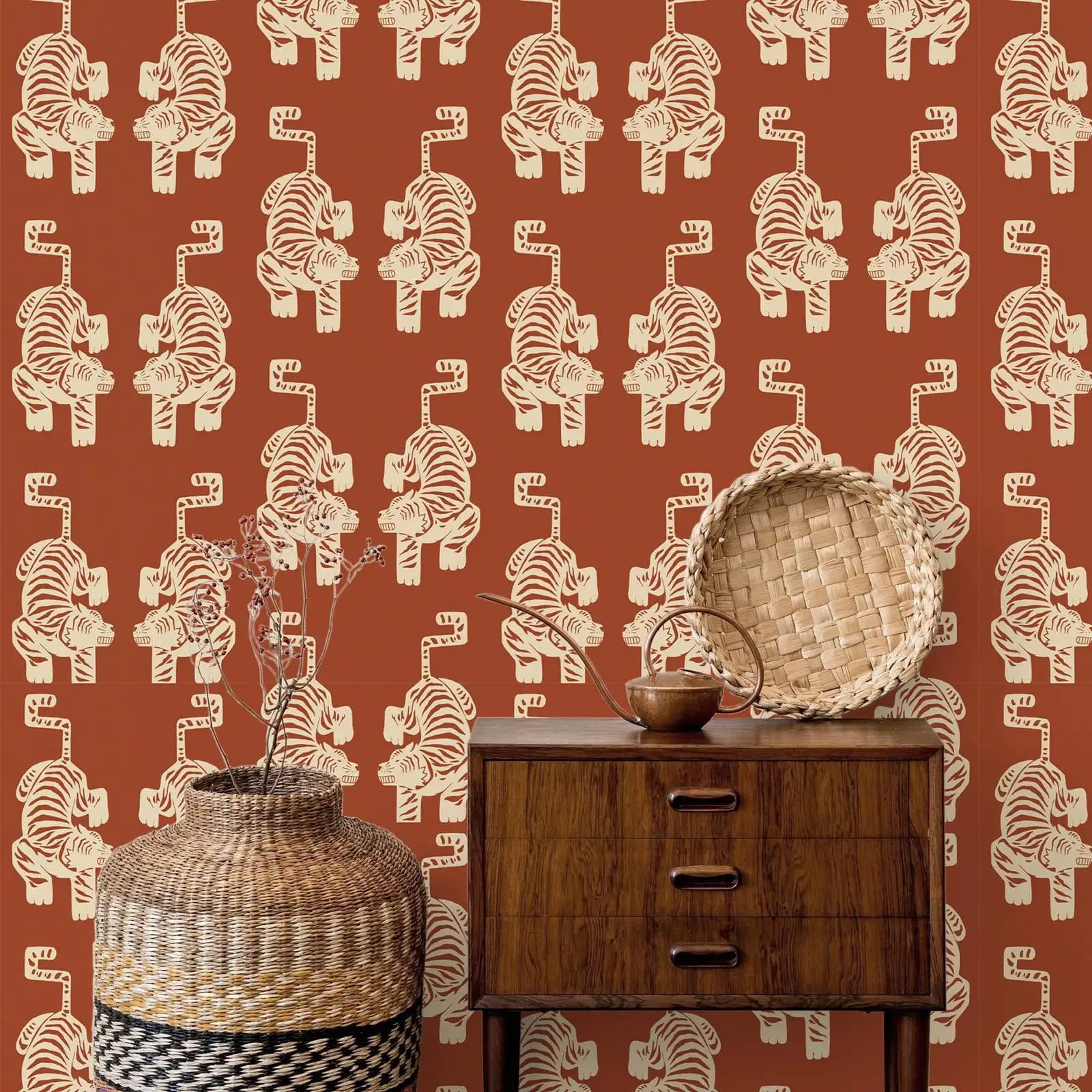 Papier peint tigre, papier peint à décoller et à coller tigre aztèque, papier peint mural orange vin