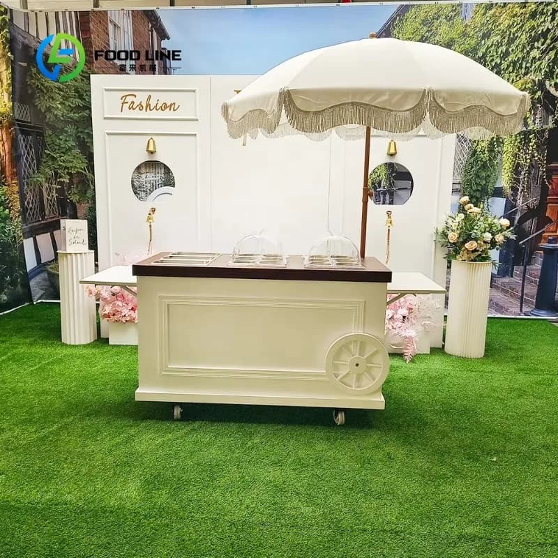 Chariot à bonbons pliable personnalisé en bois, chariot alimentaire mobile pour restaurant, restaura