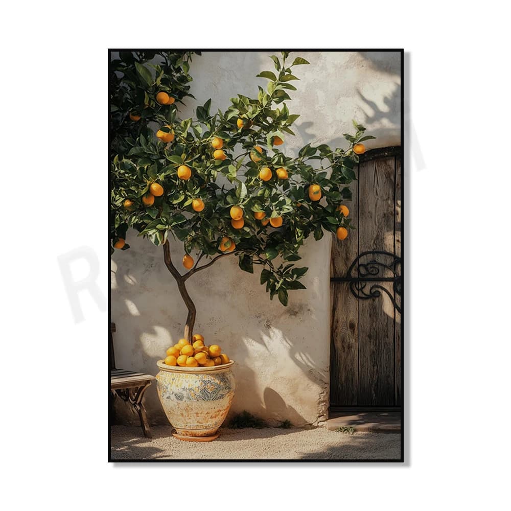 Vue sur fenêtre méditerranéenne avec imprimé citron, citronniers côtiers, affiche bleue estivale de 