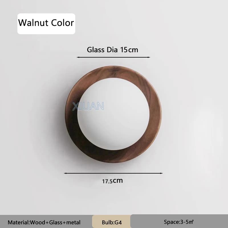 Wabi-sabi Style Nature bois couleur noyer chambre chevet appliques murales blanc laiteux rond verre 