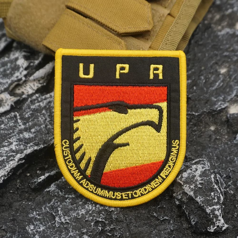 Patch brodé SPANISH NATIONAL UPR ARM avec bordure merrow, applique cousue pour vêtements et accessoi