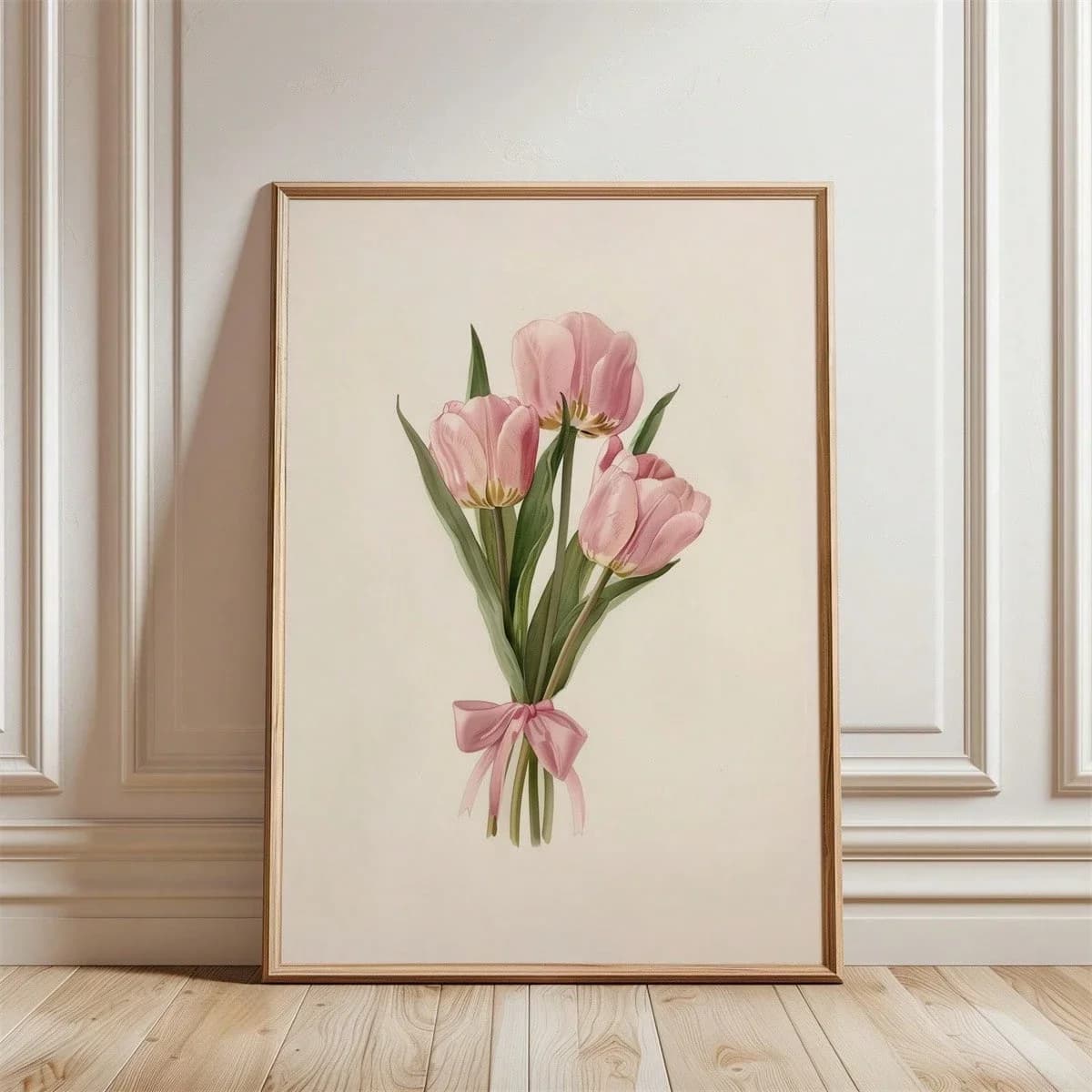 Toile d'art mural florale de tulipe rose avec cadre, peinture de fleurs minimaliste pour salon, cham