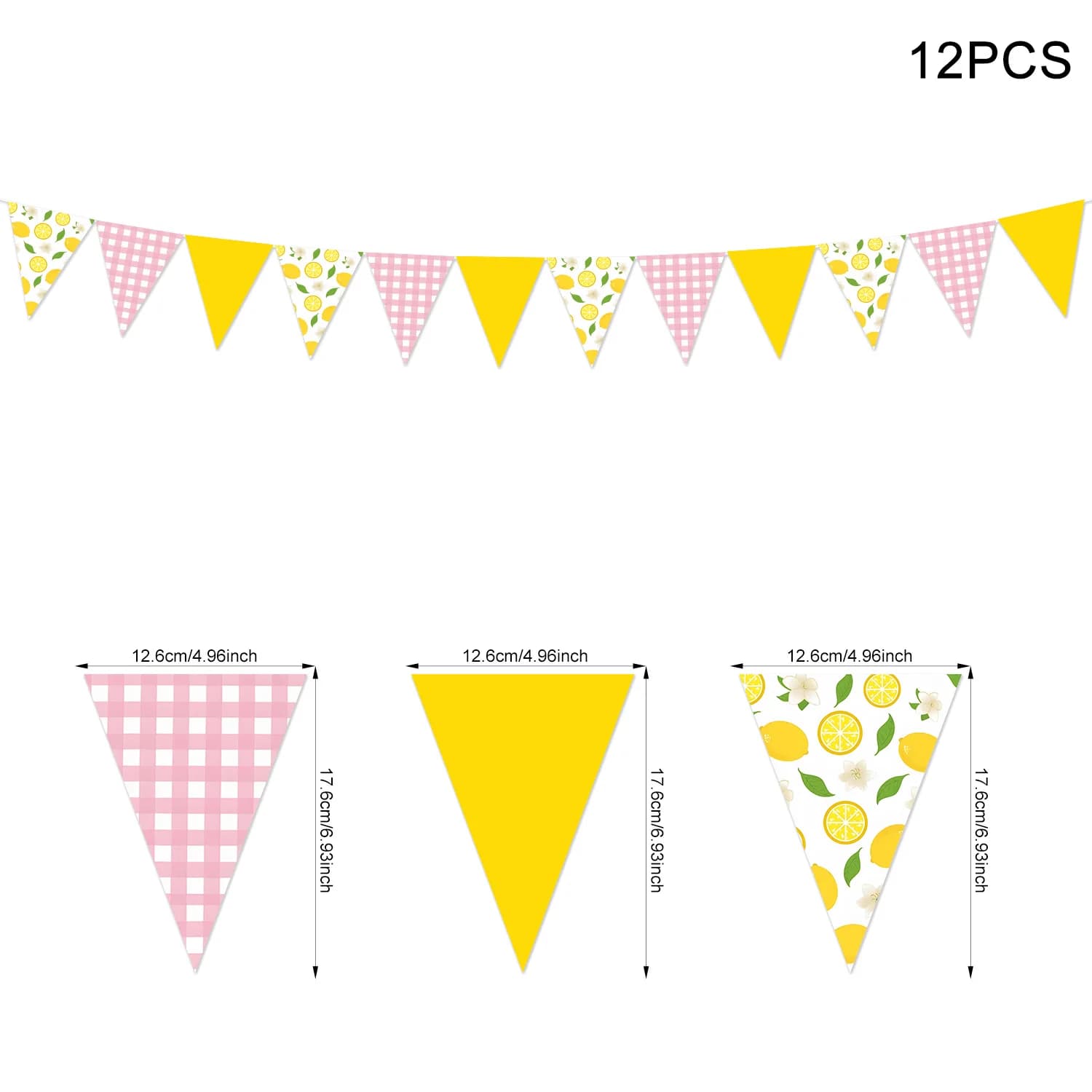 Guirlande triangulaire rose et jaune citron pour décorations de fête : citronnade, mariage, fiançail