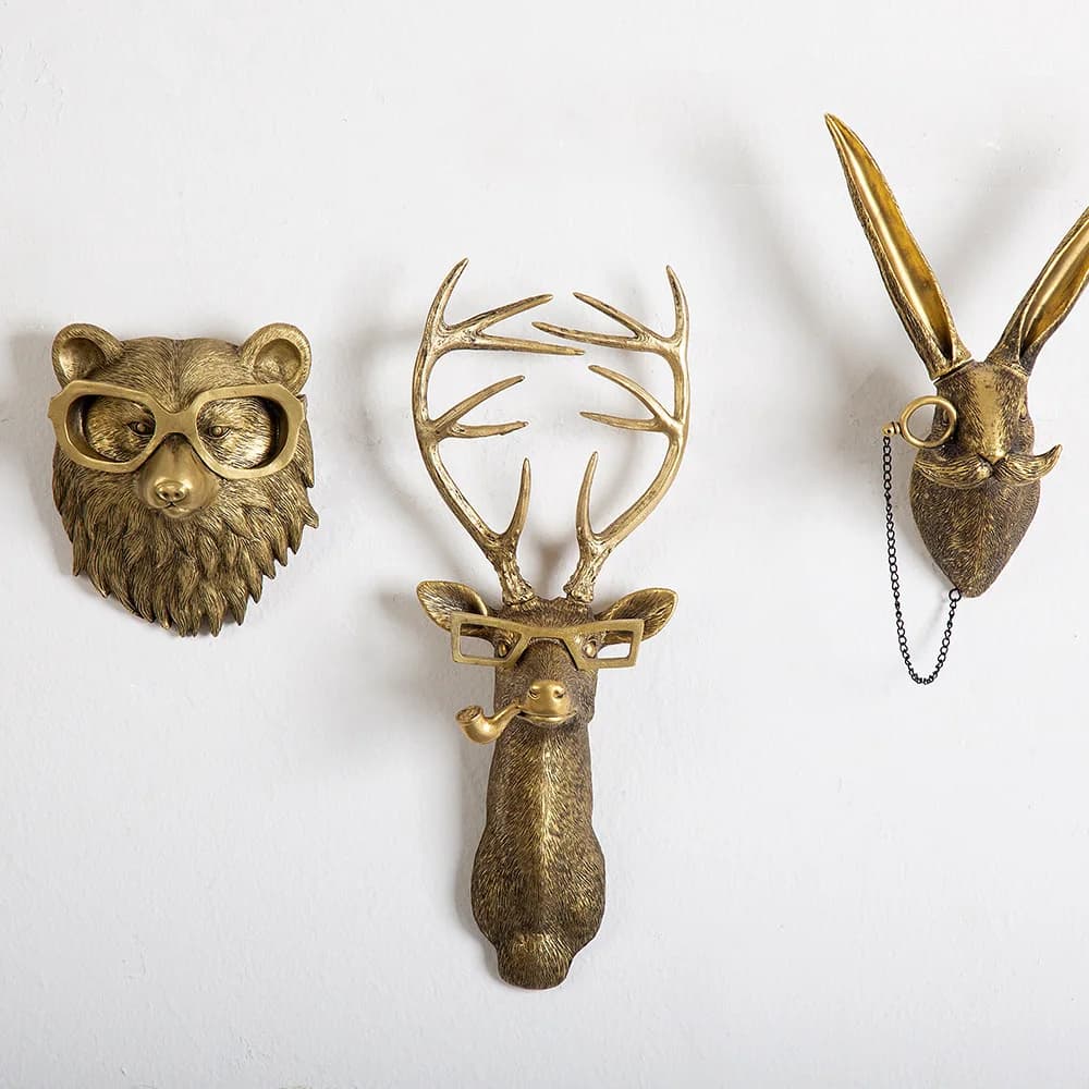 Pendentif Animal en résine Bronze Antique, tête de cerf doré, crochet de rangement mural, accessoire