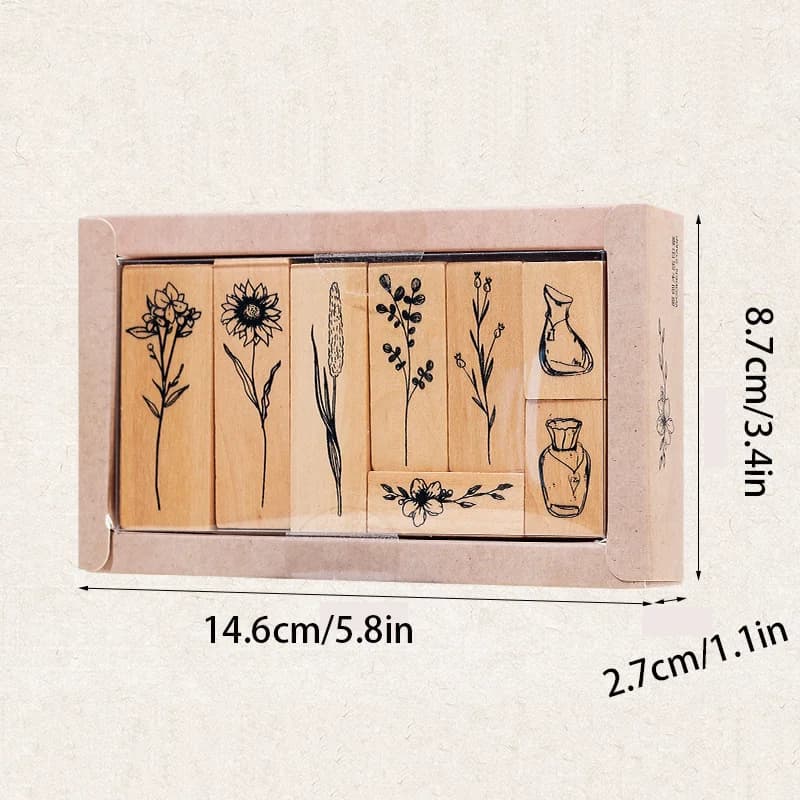 Sceau en bois à motif de vase à plantes, 8 pièces/boîte, pour la décoration comme un scrapbook et un
