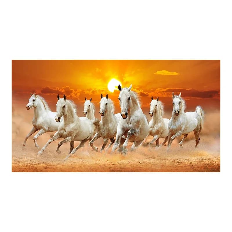 Art mural moderne et simple, 7 chevaux blancs au galop, paysage de coucher de soleil, impression sur