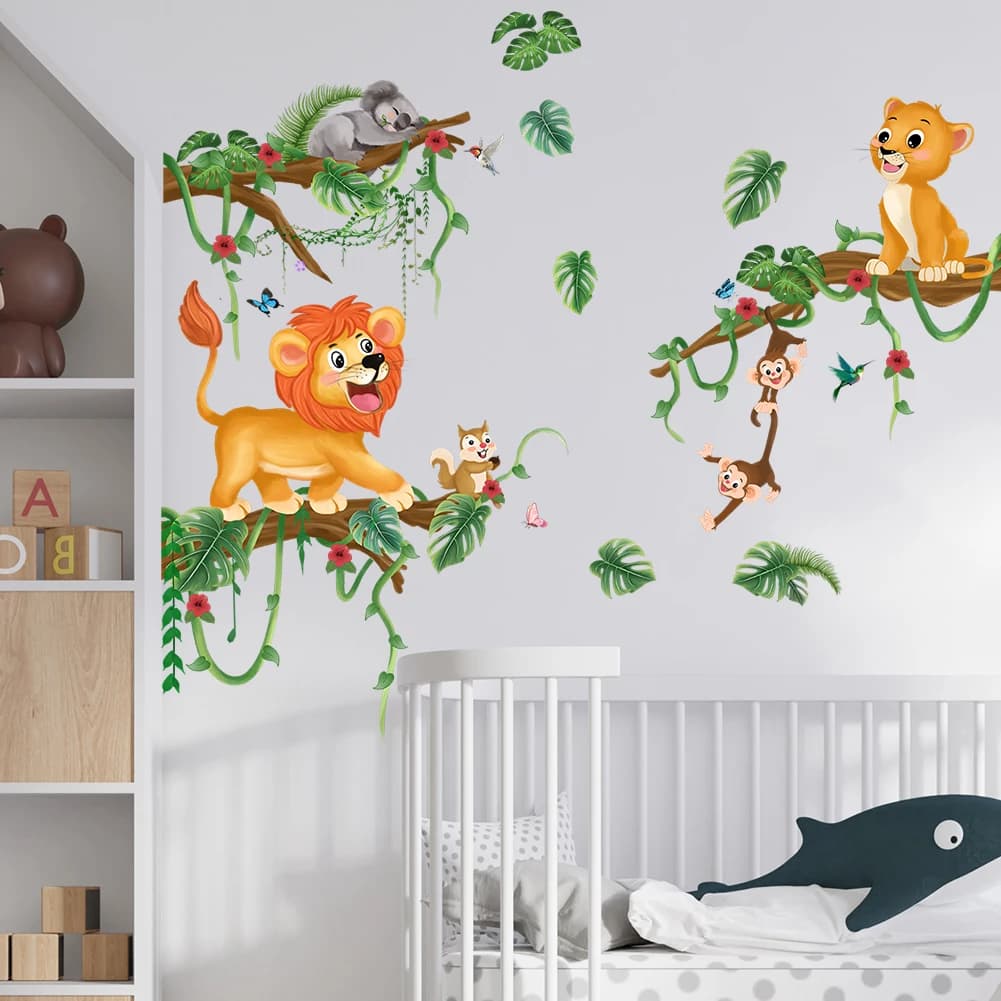 Autocollants muraux Lion pour jeux d'arbres, papier peint pour chambre d'enfant, décoration de chamb