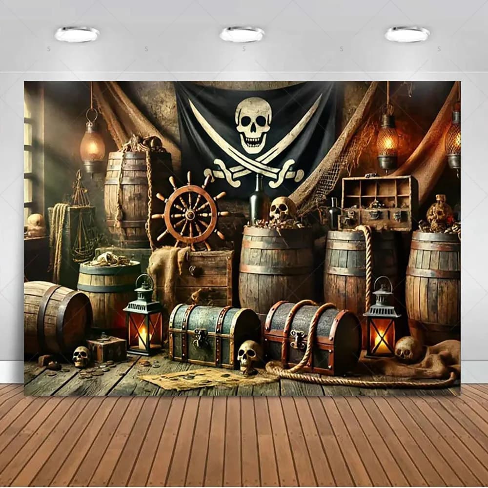 Décor de fête d'anniversaire sur le thème des pirates, fond de scène avec ballons en forme de pièces