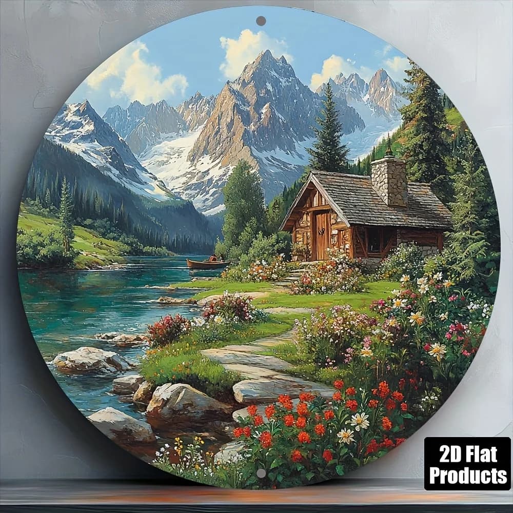 Plaque décorative ronde en métal aluminium, thème montagne et chalet, 2D, pour la décoration de la m