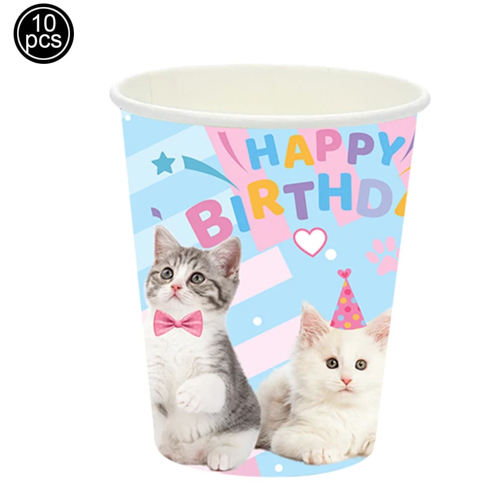 Décoration d'anniversaire pour chat, assiettes en papier, serviettes, pailles, tasse, vaisselle jeta