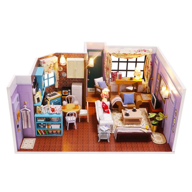 Kits de construction miniatures pour appartement de Monica en bois, serre-livres avec lumières, étag