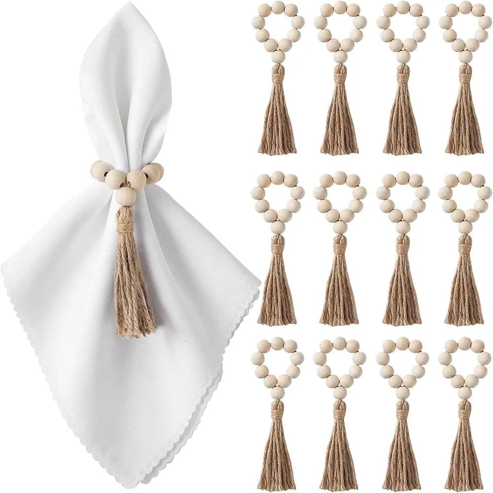 Ensemble de 12 ronds de serviette, ronds de serviette en bois, ronds de serviette en perles de bois 