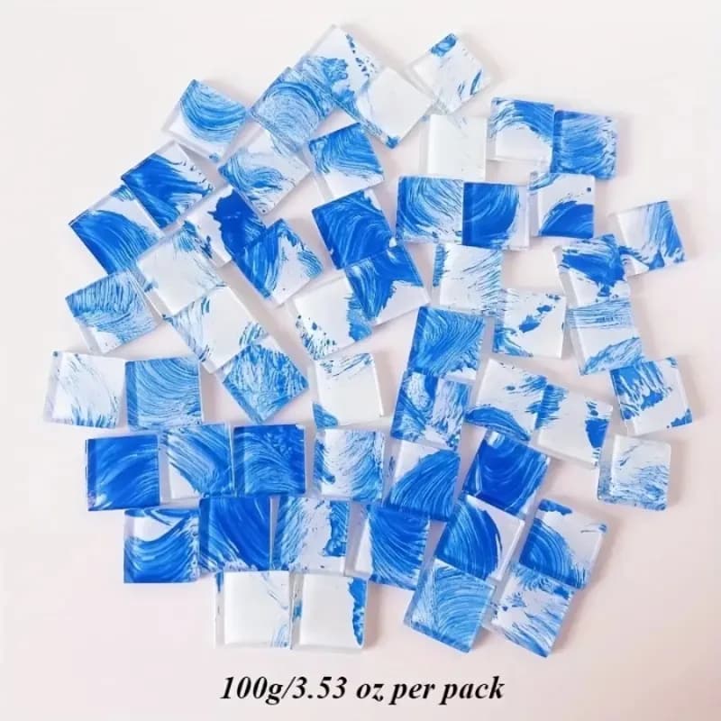 100/200 grammes de mosaïque en verre, mosaïque carrée transparente motif encre bleue et blanche 2,4*