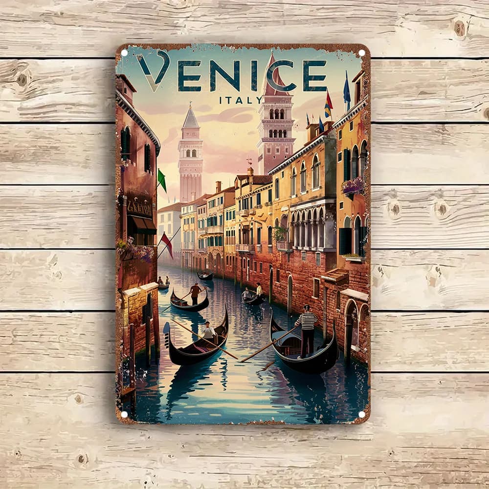 Panneau métallique Vintage en étain, paysage d'italie de venise, Art mural rustique avec gondoles et