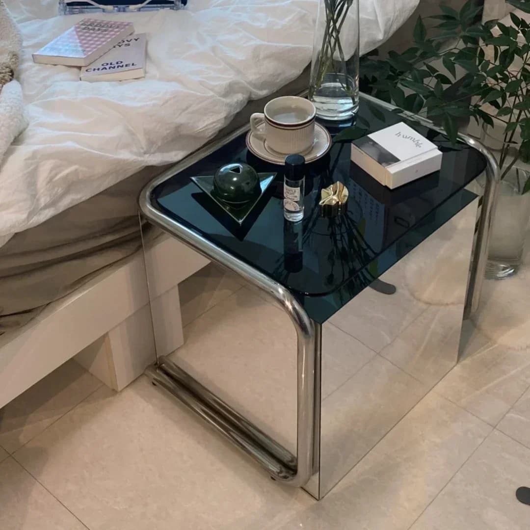 Table d'appoint transparente médiévale en acier inoxydable, Table basse en verre de cristal, Tables