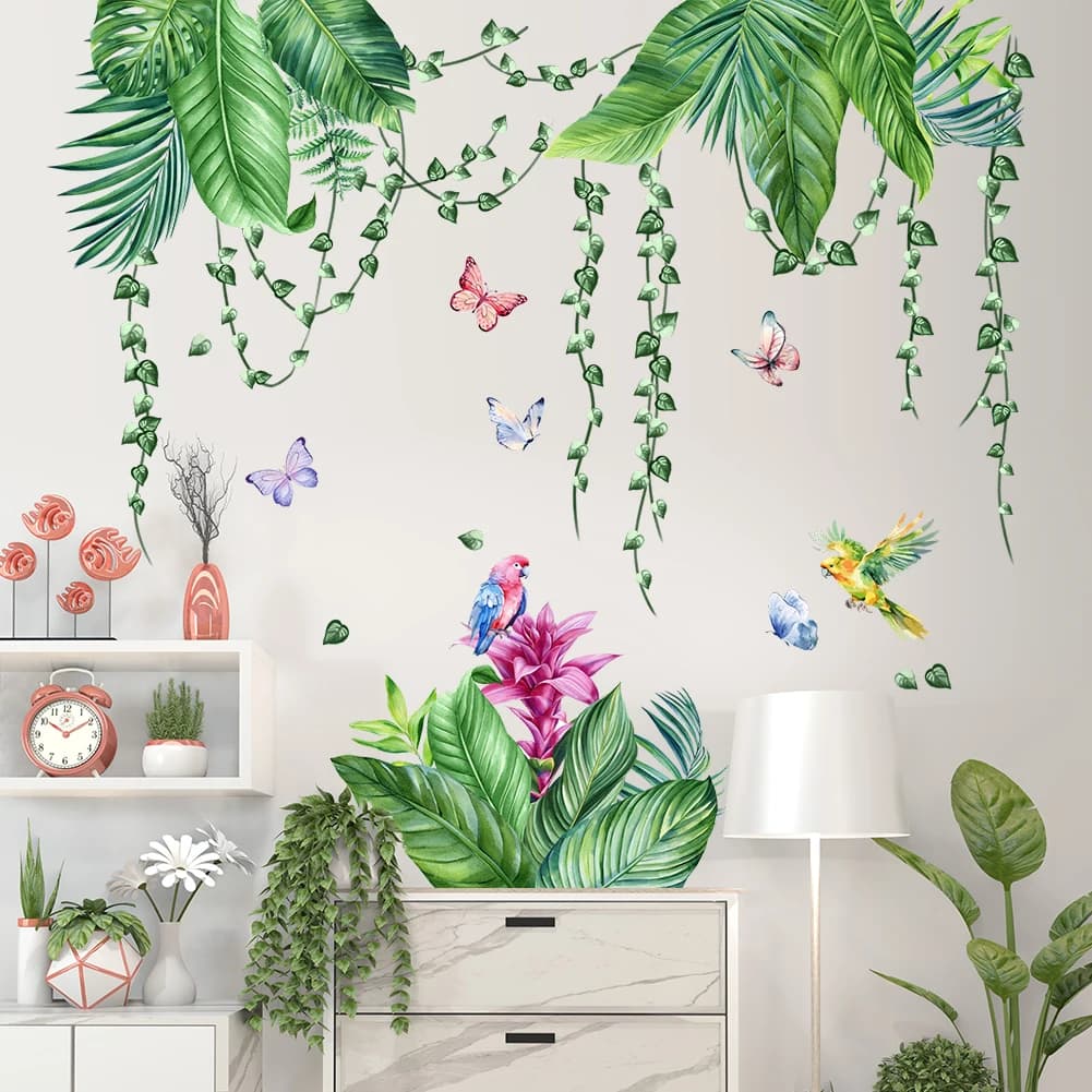 Autocollants muraux de fleurs rouges en plantes vertes, papier peint pour chambre d'enfant, décorati