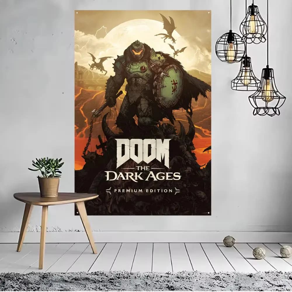 Doom Game Flags Drapeaux pour décoration intérieure sans bordure et avec quatre anneaux aux coins po