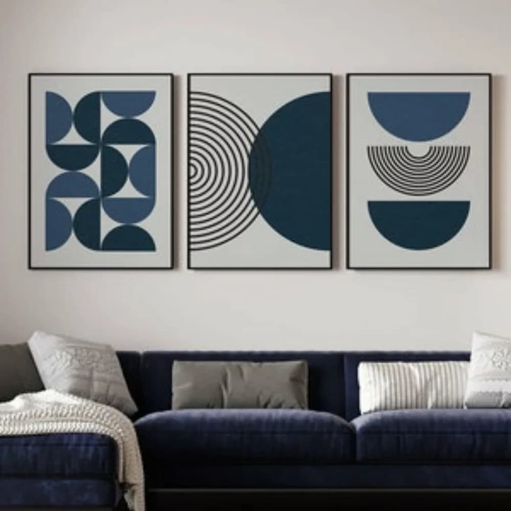 Bleu marine du milieu du siècle, ensemble d'art mural moderne de 3, affiches botaniques bohème, bleu