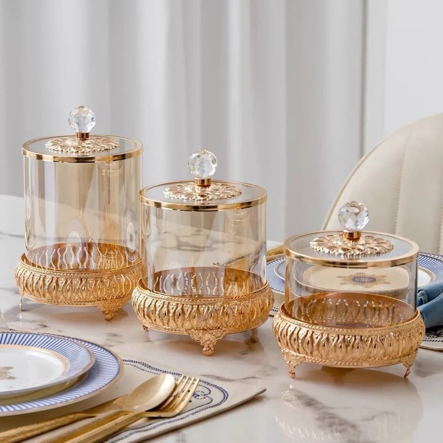 1PCS Pot à bonbons en verre de luxe européen, récipient de rangement décoratif en verre, ornement ar