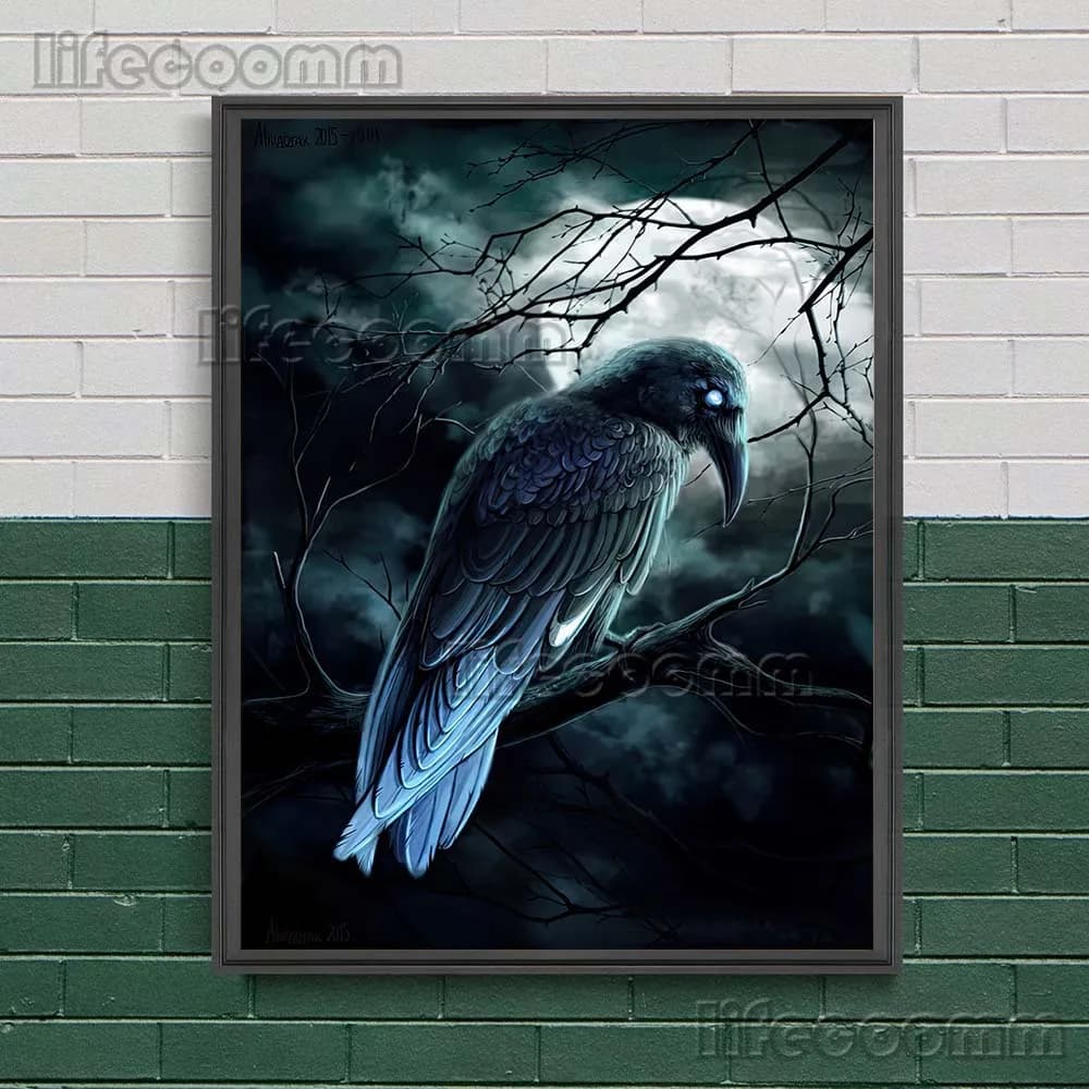 Peinture sur toile d'art mural vintage, le regard du corbeau noir, affiche d'art de corbeau magique 