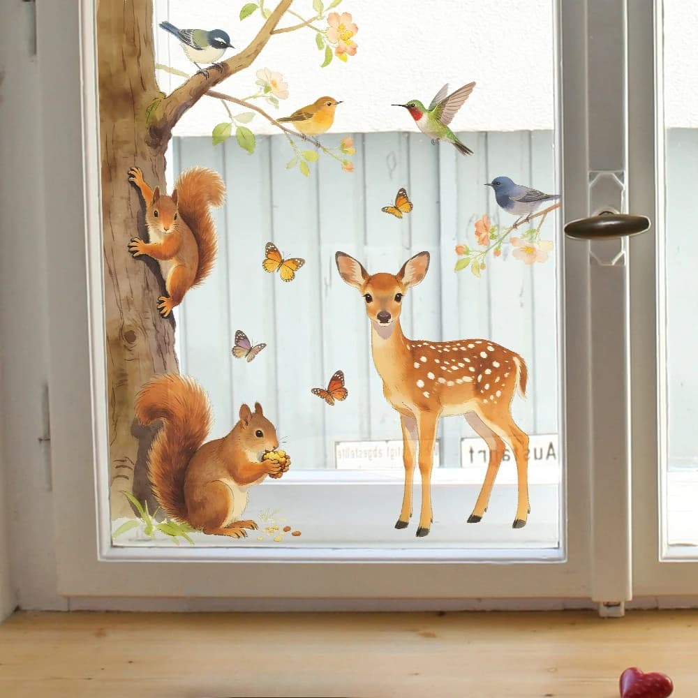 Autocollant mural pour fenêtre avec animaux de la forêt, cerf et écureuil mignons sur une branche, a