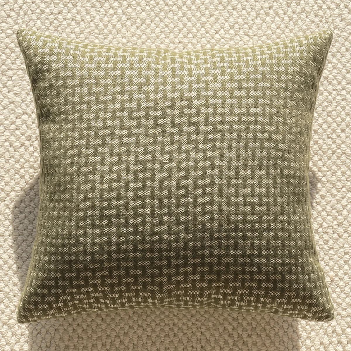 Housse de coussin rétro de luxe en fausse fourrure, motif grille verte et feuilles, avec bordure en 